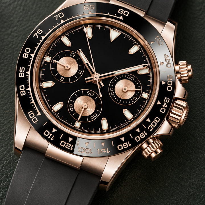 Close-up of the Rose Gold Sport chronograph dial, subdials and black tachymeter bezel.