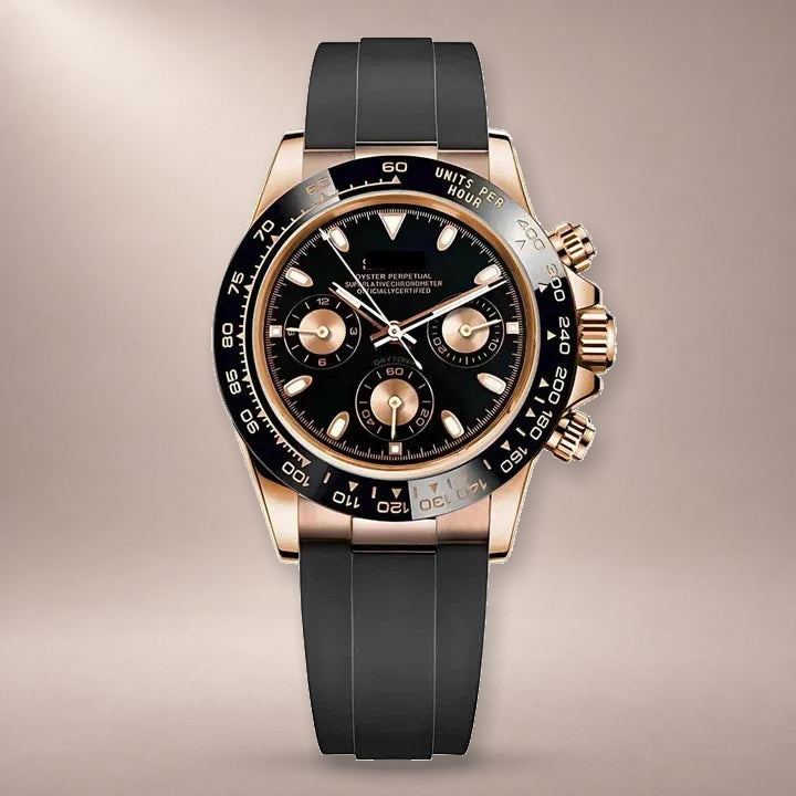 Front view of the Rose Gold Sport VK63 chronograph with black dial, rose-gold-tone case and black rubber strap on a soft greige studio background.