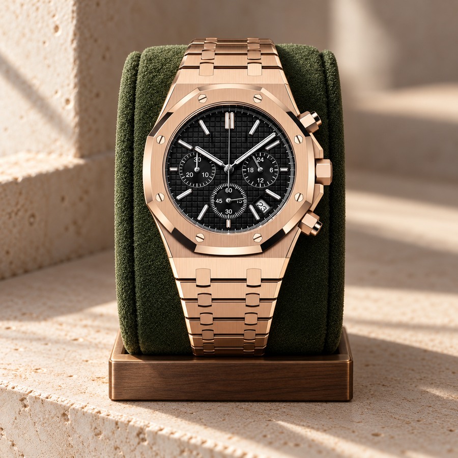 Rose Gold Black Chronograph on moss-green suede and walnut