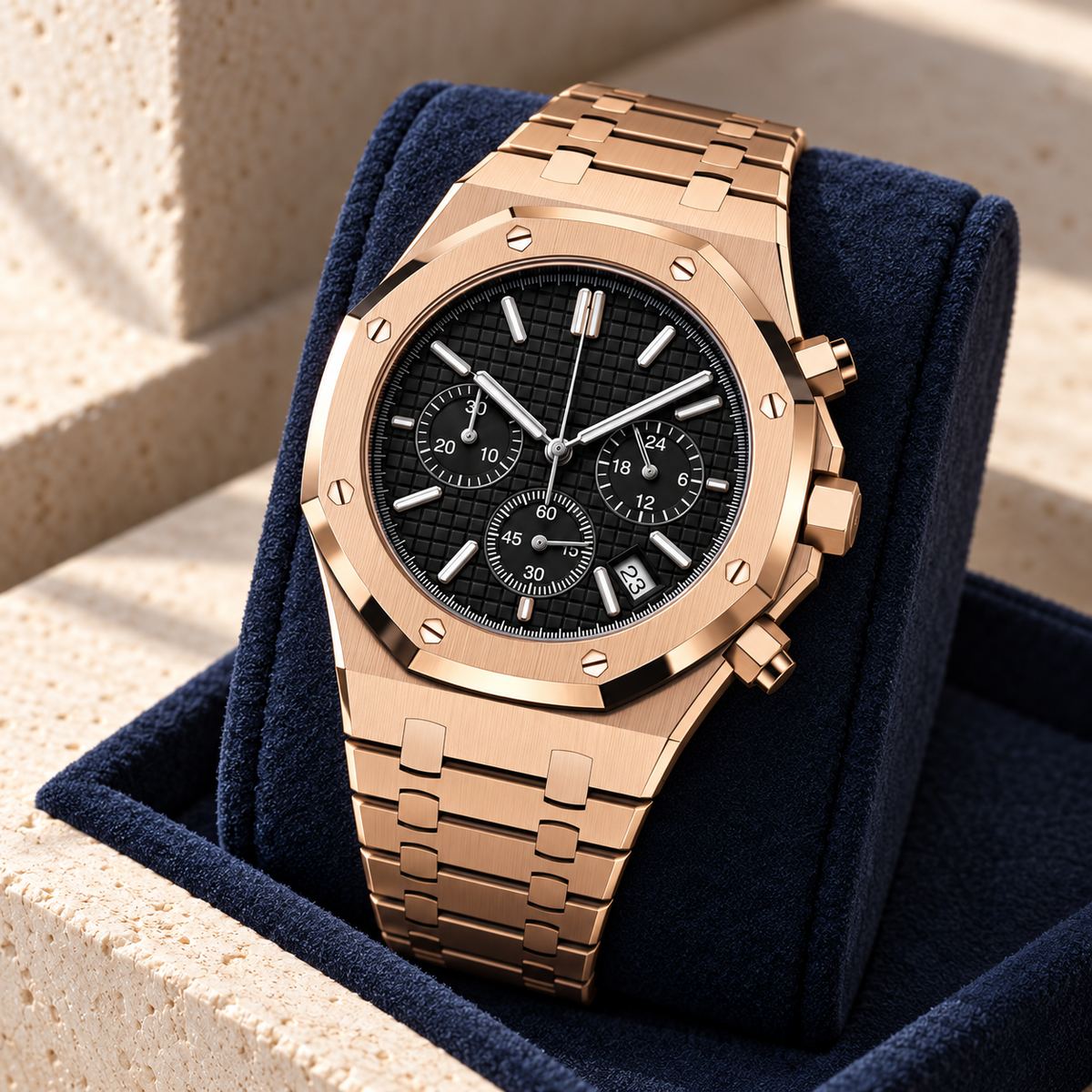 Rose Gold Black Chronograph dial detail in navy suede