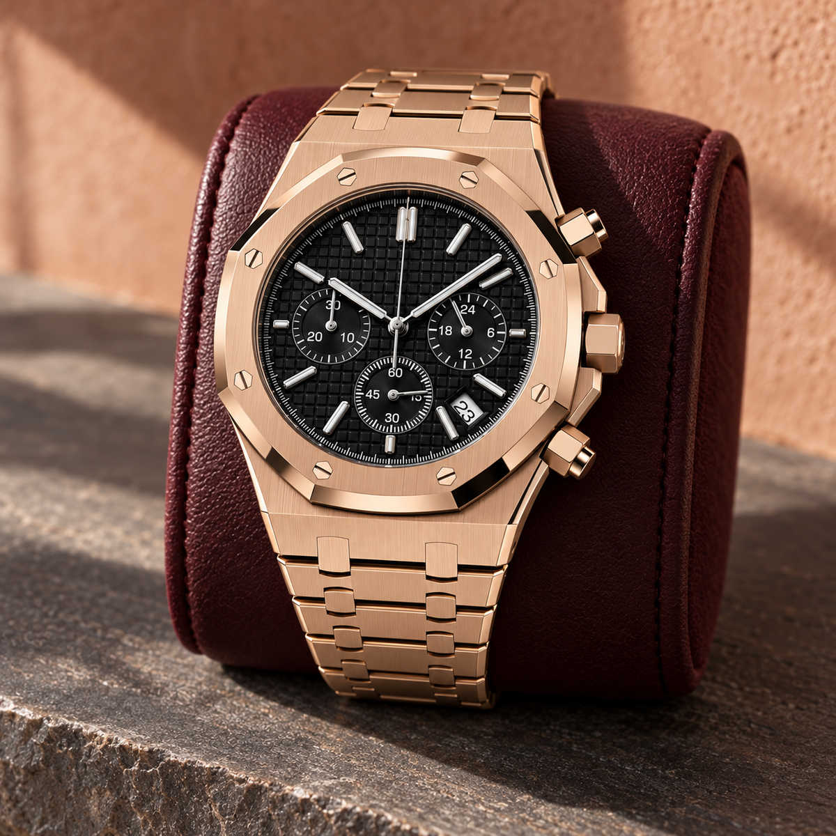 Rose Gold Black Chronograph on burgundy leather and slate