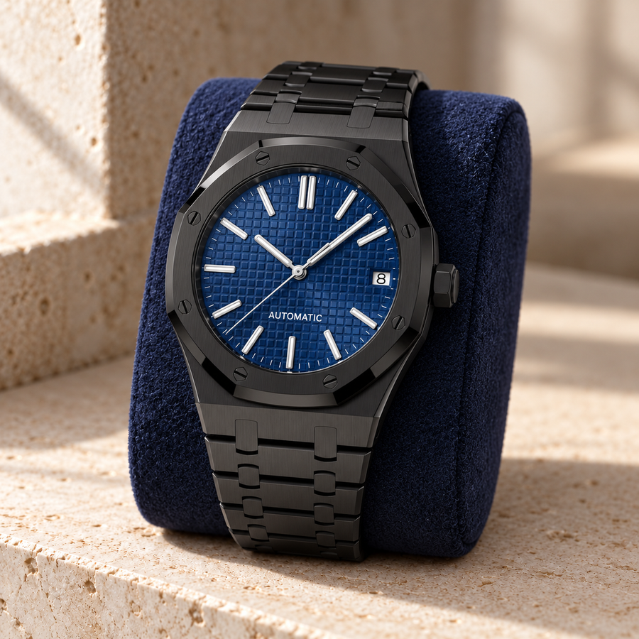 Deep Blue Stealth on midnight-blue suede and travertine