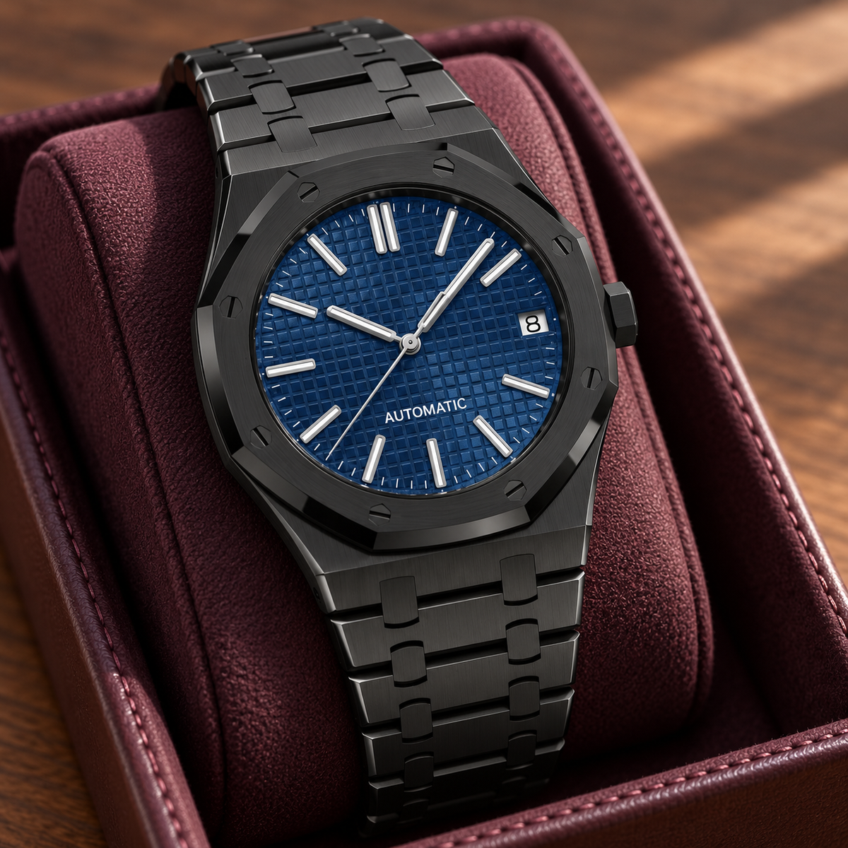Deep Blue Stealth dial detail in a plum leather tray