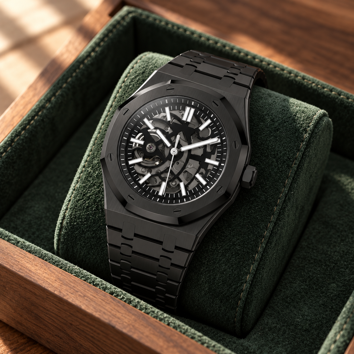 Skeleton Stealth Black in a forest-green suede tray