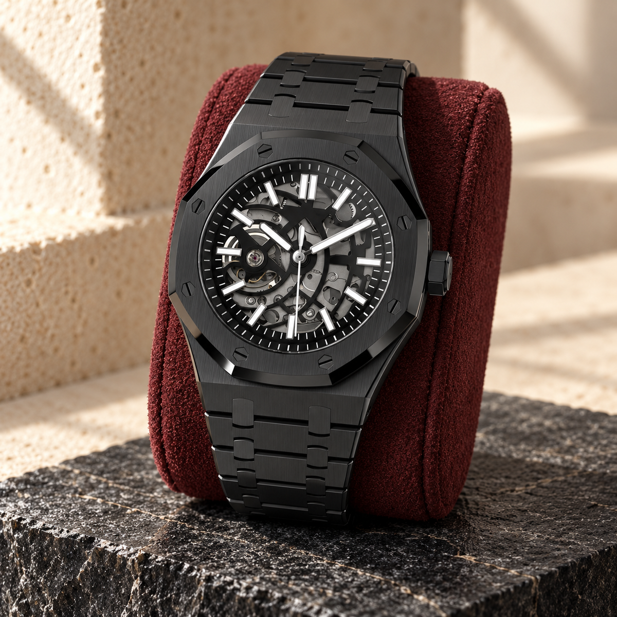 Skeleton Stealth Black on oxblood suede and basalt