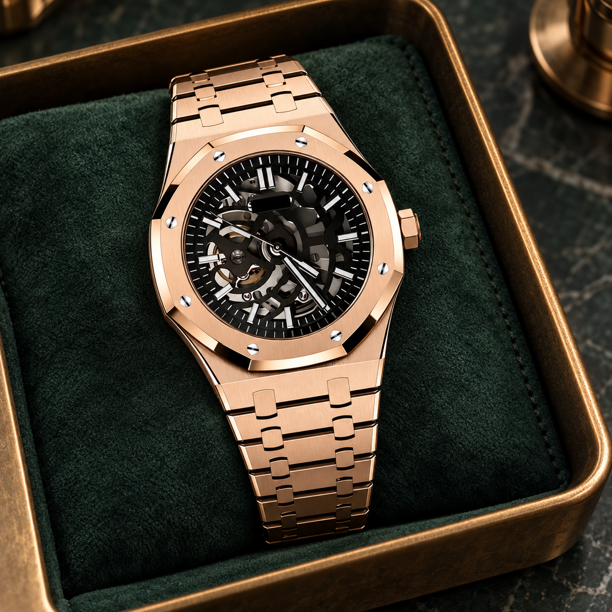 Royal Sportline Rose Gold Skeleton on deep-green suede in a bronze tray