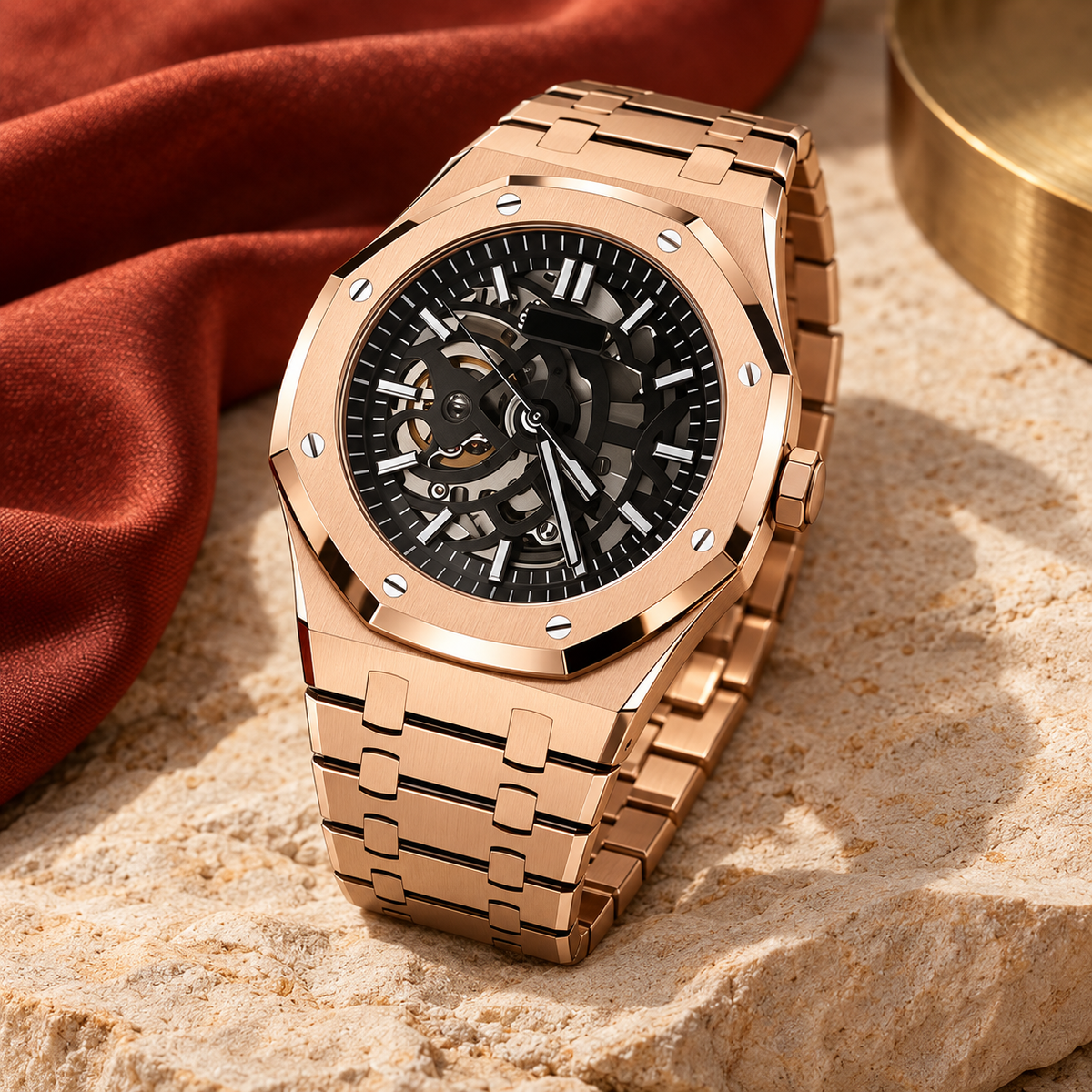 Royal Sportline Rose Gold Skeleton on pale sandstone beside rust silk