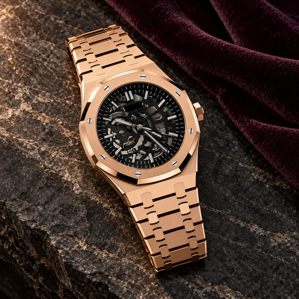 Royal Sportline Rose Gold Skeleton on charcoal stone with plum velvet