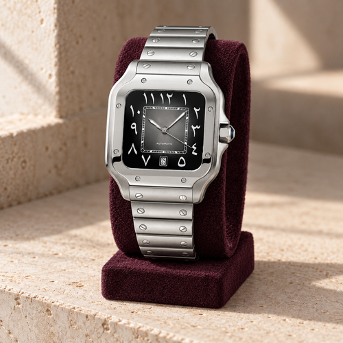 Santé Square Arabic Dark Gray steel watch on an aubergine suede display over travertine