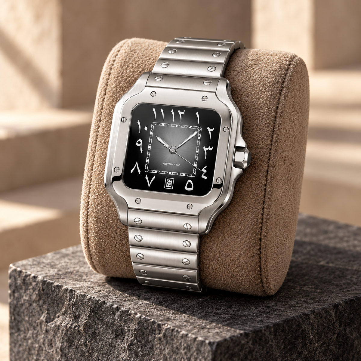 Santé Square Arabic Dark Gray steel watch on a taupe suede cushion over charcoal stone