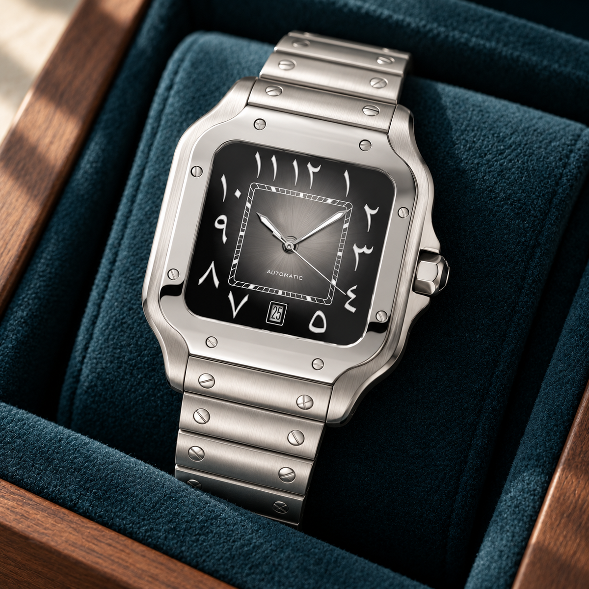 Santé Square Arabic Dark Gray dial detail on a teal suede tray over walnut