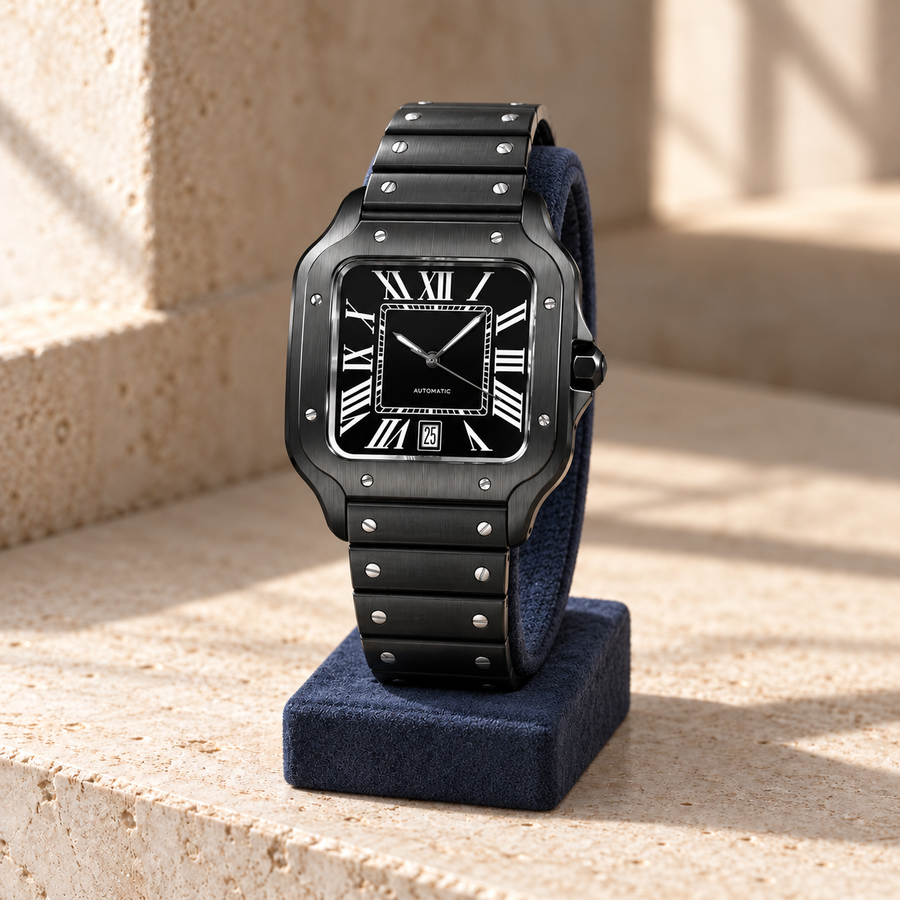 Santé Square Black Edition upright on slate-blue suede over limestone