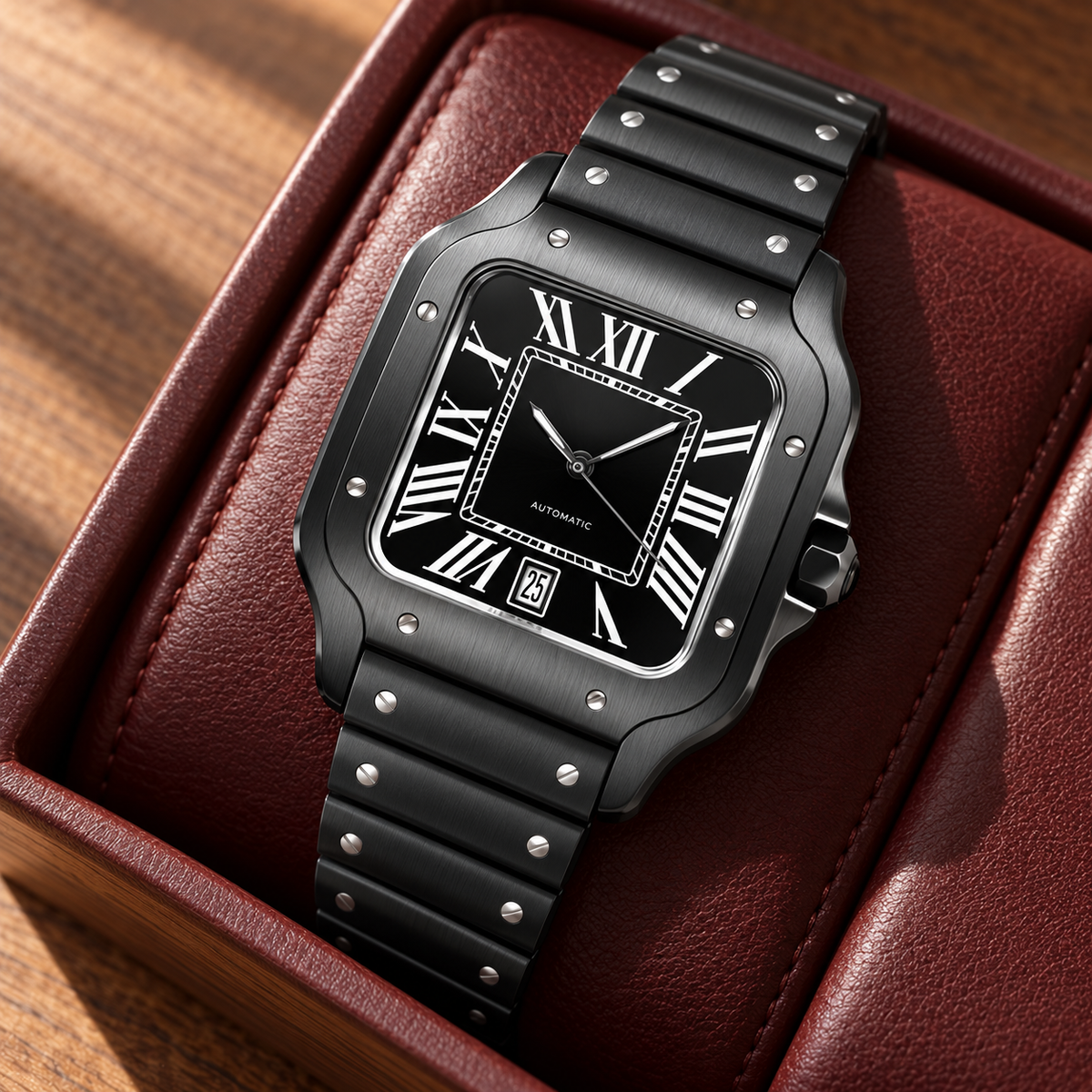 Santé Square Black Edition dial detail in an oxblood leather tray