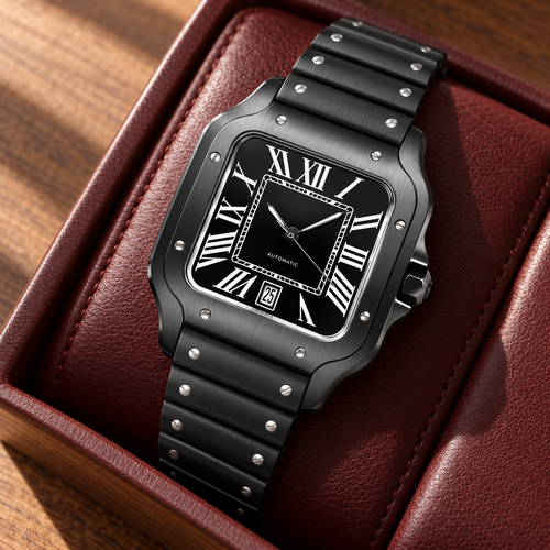 Santé Square Black Edition dial detail in an oxblood leather tray