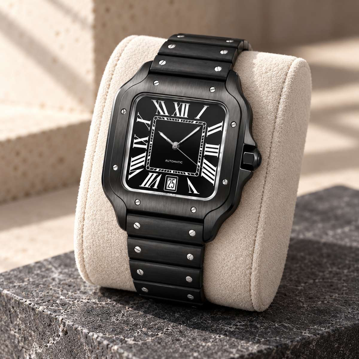 Santé Square Black Edition on an ivory cushion over charcoal stone