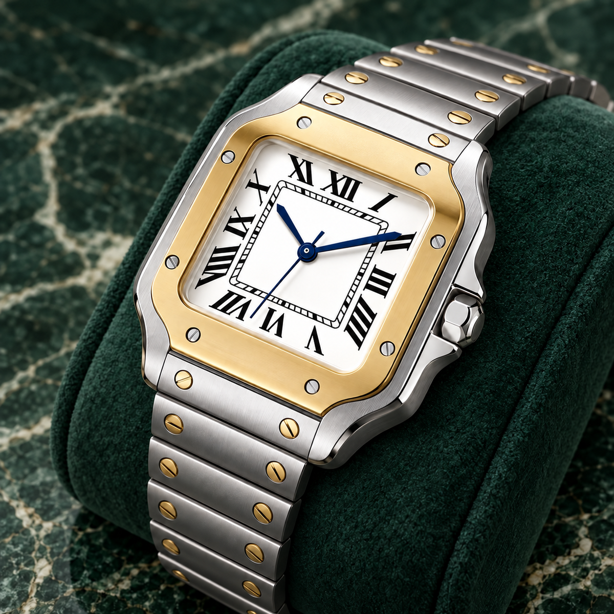 Santé Square Imperial Gold Two-Tone laid on cream limestone beside terracotta silk