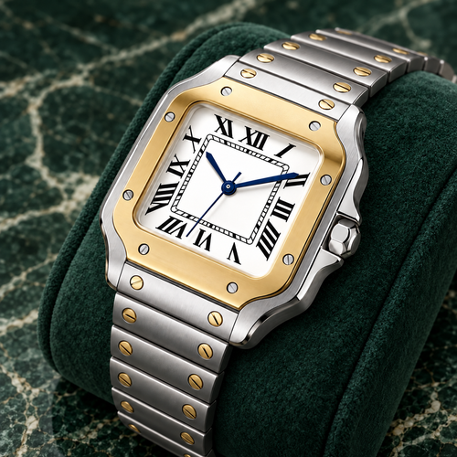 Santé Square Imperial Gold Two-Tone laid on cream limestone beside terracotta silk