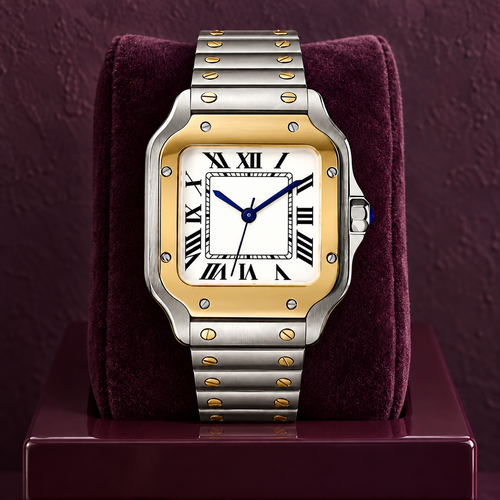 Santé Square Imperial Gold Two-Tone watch on aubergine velvet cushion, white Roman dial and blue hands