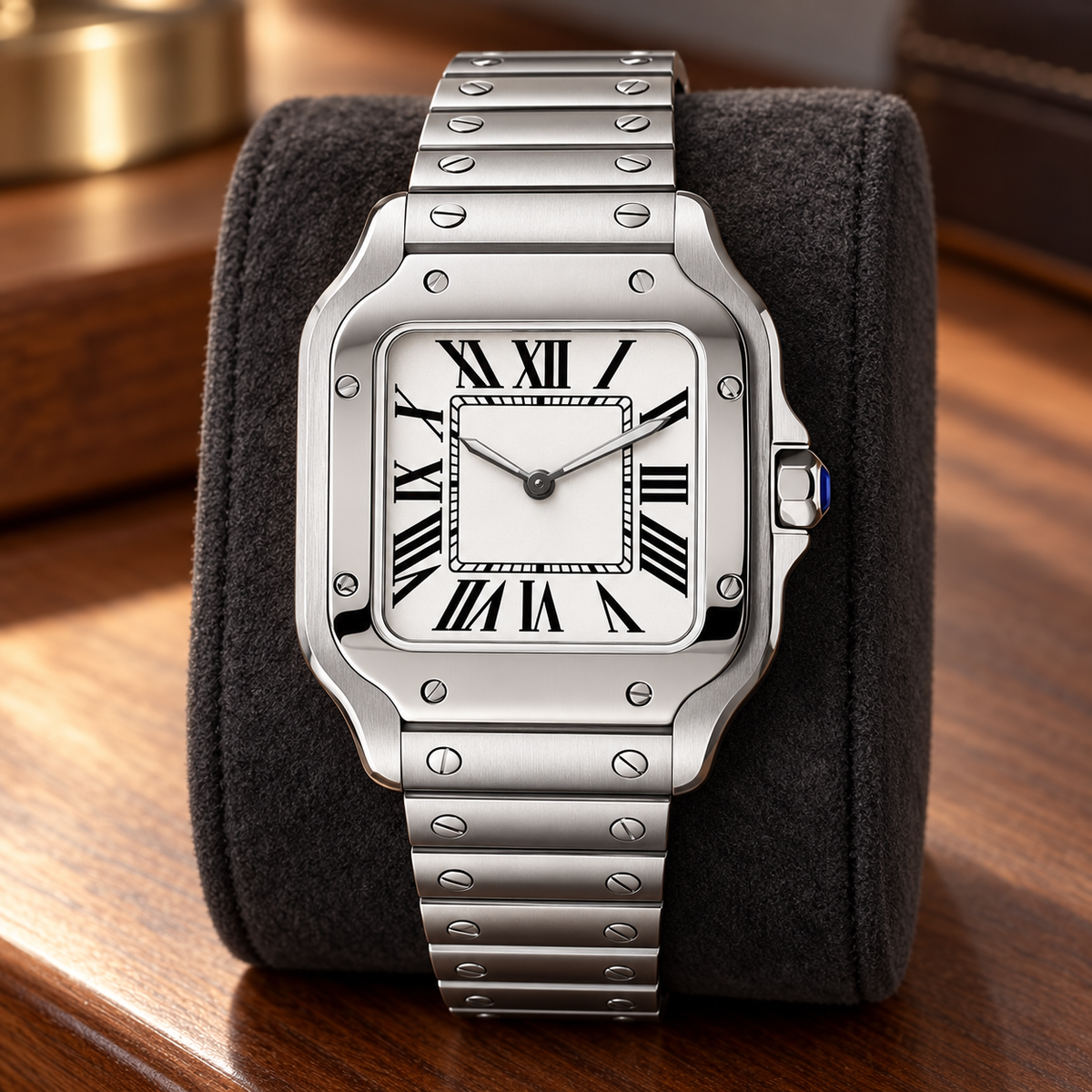 Sante Square Ghost White with white Roman dial on charcoal suede display cushion