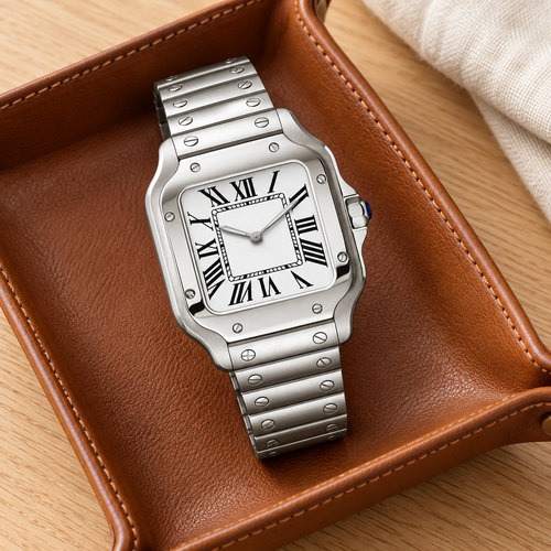 Sante Square Ghost White with white Roman dial laid in a cognac leather tray