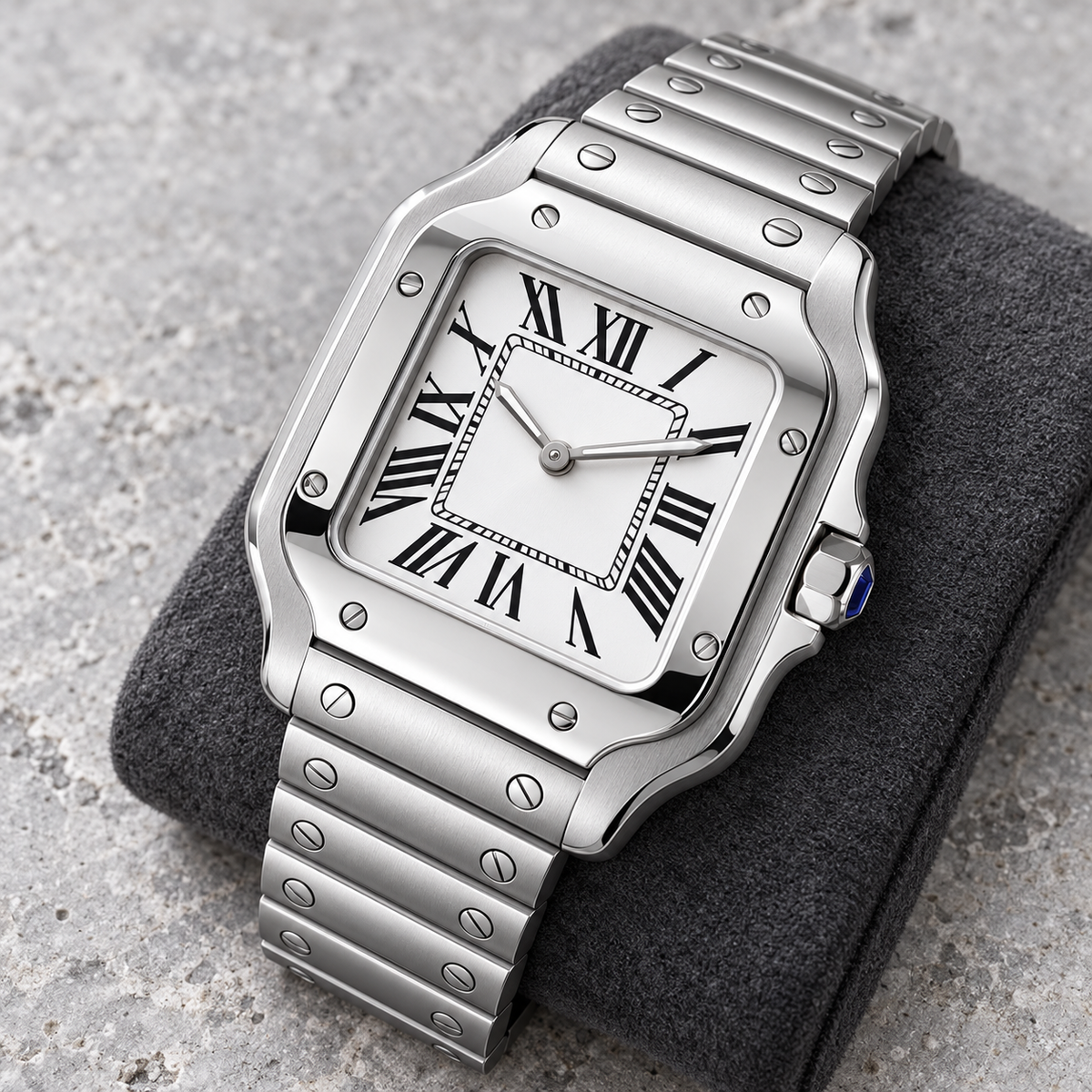 Sante Square Ghost White white dial and crown-side case on limestone