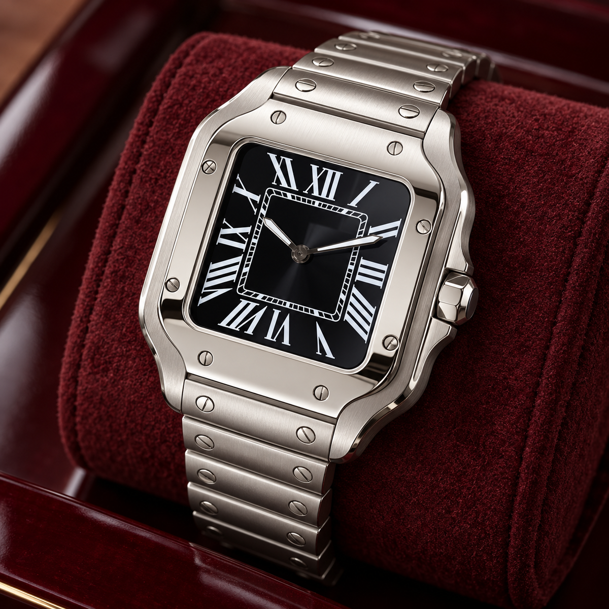 Santé Square Stealth Black watch crown-side detail on burgundy suede, plain polished steel crown