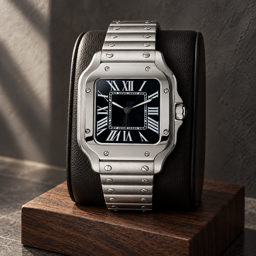 Santé Square Stealth Black square watch with black Roman dial on a charcoal leather display cushion