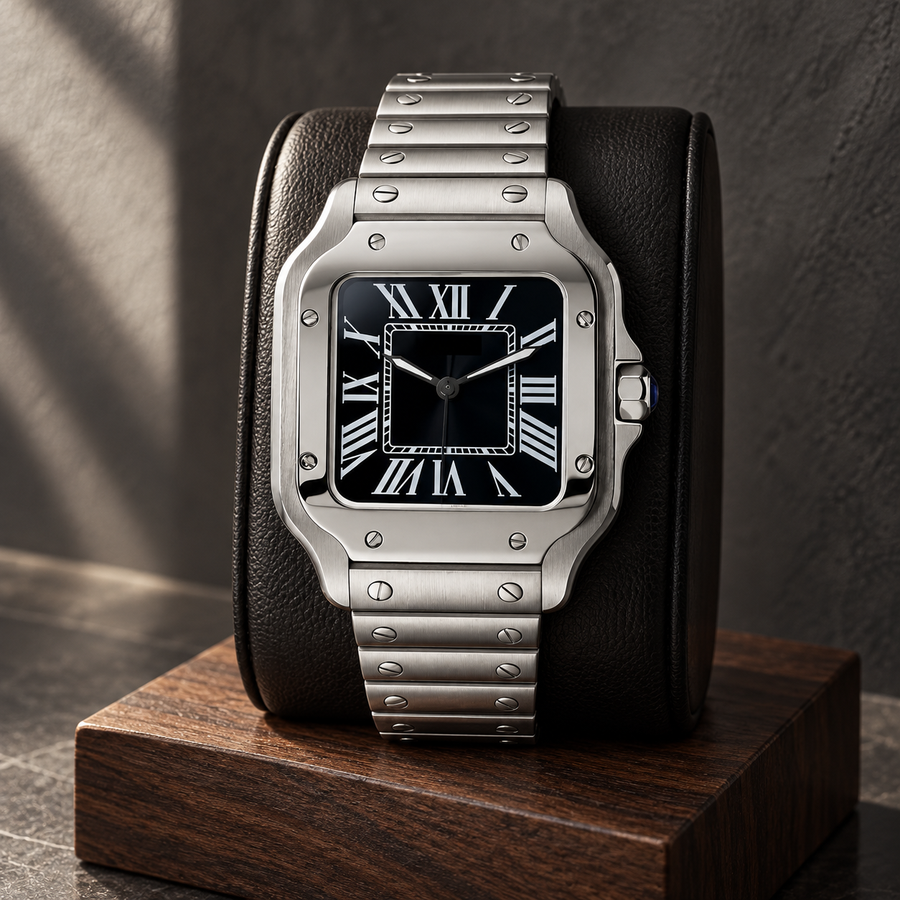 Santé Square Stealth Black square watch with black Roman dial on a charcoal leather display cushion