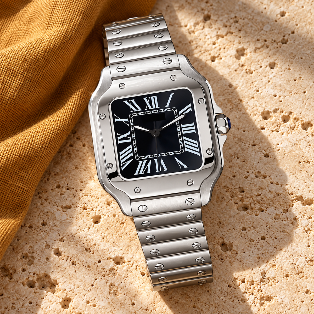 Santé Square Stealth Black black Roman dial watch laid on warm travertine and ochre linen