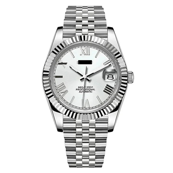 Silver watch with a white dial on a white background