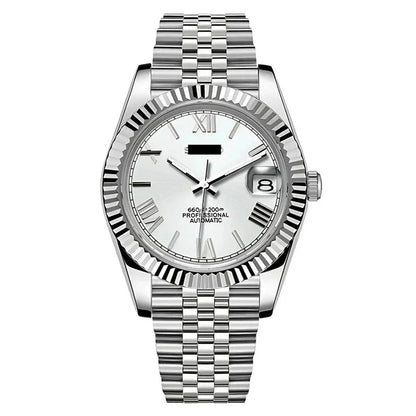 Silver watch with a white dial on a white background