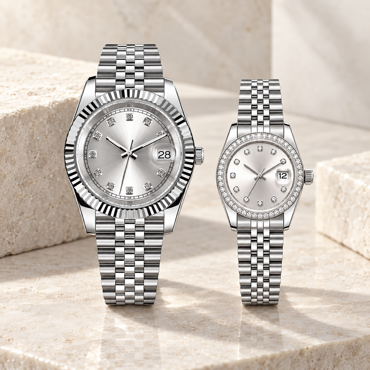 Silver Gem couple watches paired hero — His and Hers