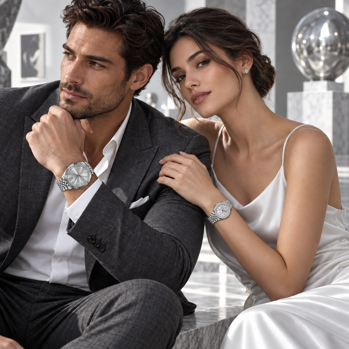 Silver Gem couple watches worn naturally with the men's face turned correctly