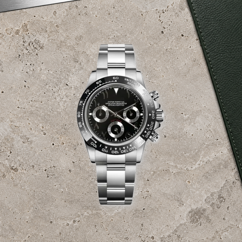 Speedline Arabic Black Racer chronograph lying face-up on warm limestone and forest leather