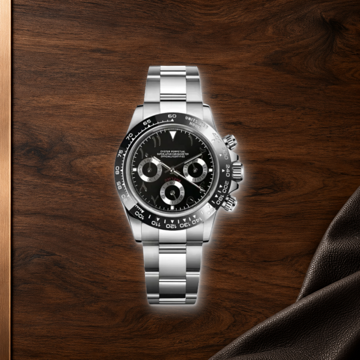 Speedline Arabic Black Racer chronograph lying face-up on walnut with charcoal leather