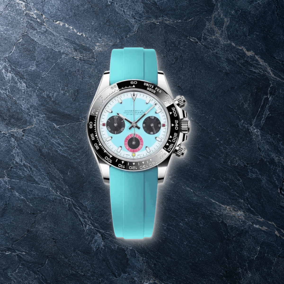 Speedline Baby Blue chronograph lying face-up on deep navy slate