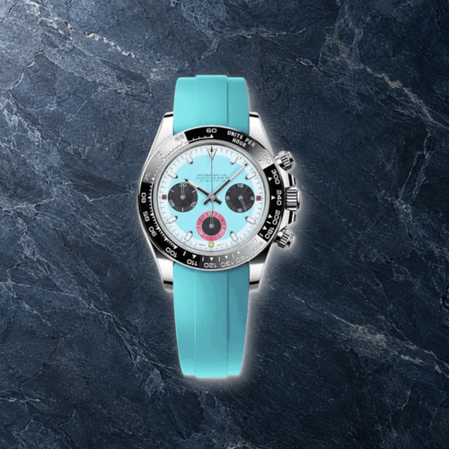 Speedline Baby Blue chronograph lying face-up on deep navy slate