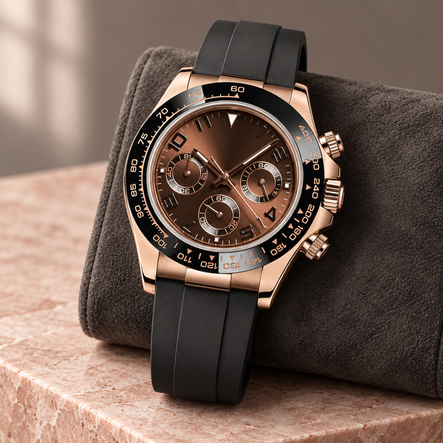 Speedline Chocolate Gold Sport chronograph on charcoal suede over dusty rose stone
