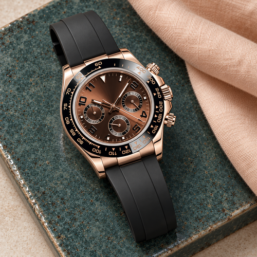 Speedline Chocolate Gold Sport chronograph laid on teal ceramic with peach linen