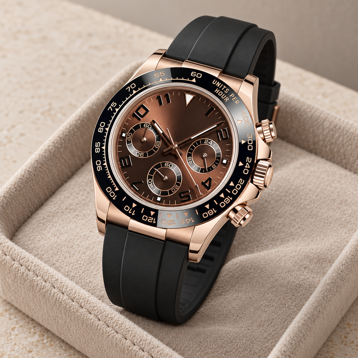 Side view of Speedline Chocolate Gold Sport chronograph with crown and pushers on oatmeal suede