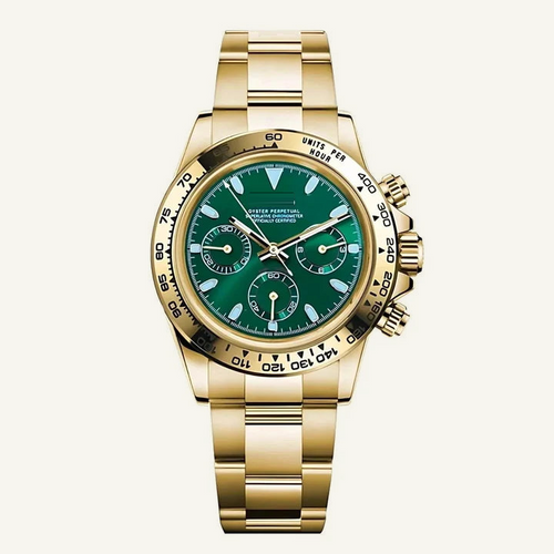 Front view of the Emerald Chrono gold-tone and green chronograph in a clean ivory studio setting
