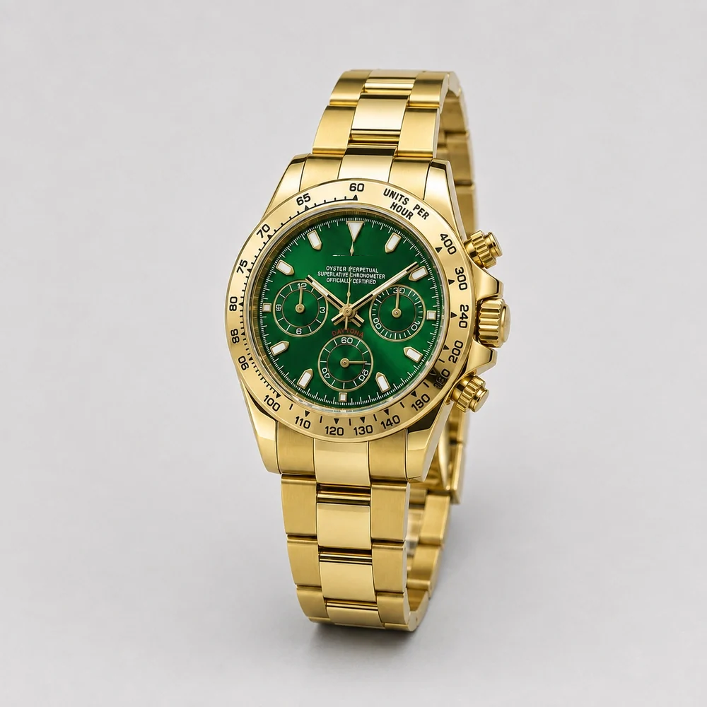 Three-quarter view of the Emerald Chrono showing the crown and chronograph pushers in a charcoal studio setting