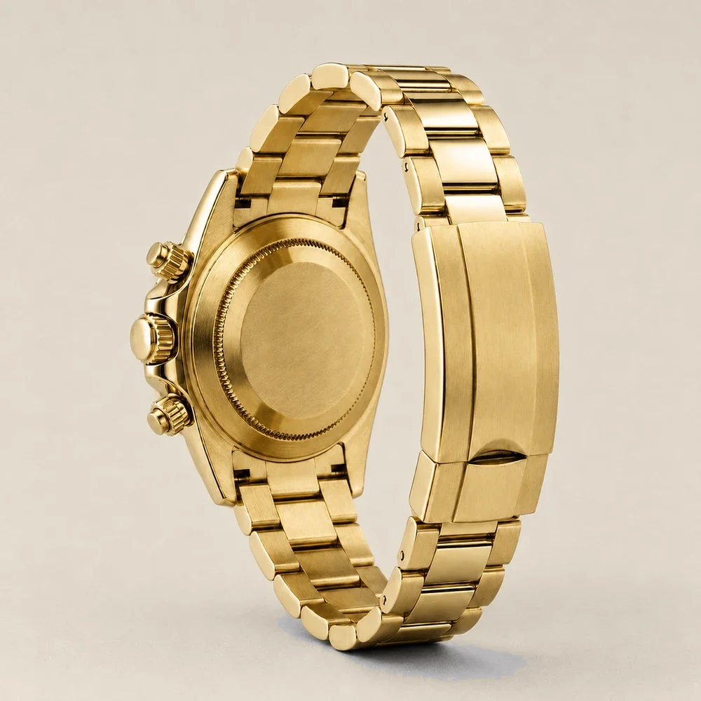 Caseback and gold bracelet clasp of the Emerald Chrono on a warm sand studio surface