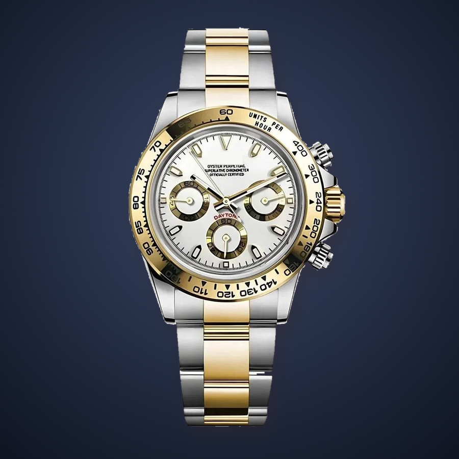 Front view of the Speedline Chronograph – Imperial Gold Two-Tone with a white/silver three-register dial, gold-tone tachymeter bezel and steel bracelet with gold-tone center links on an ink-navy studio background.