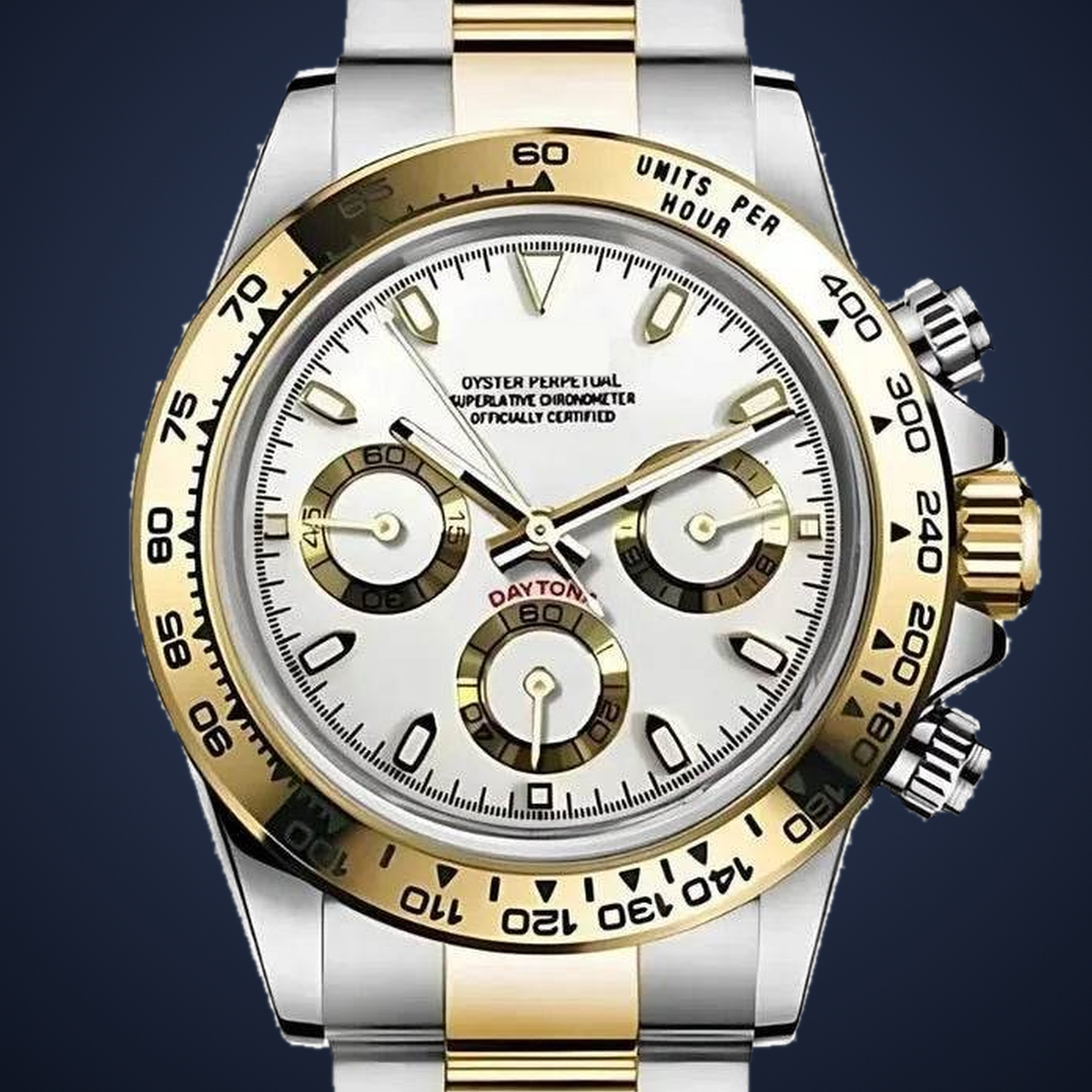 Close-up of the Speedline Chronograph – Imperial Gold Two-Tone white/silver dial, three gold-accented subdials and gold-tone tachymeter bezel on an ink-navy studio background.