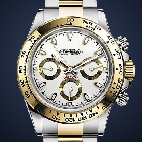 Close-up of the Speedline Chronograph – Imperial Gold Two-Tone white/silver dial, three gold-accented subdials and gold-tone tachymeter bezel on an ink-navy studio background.