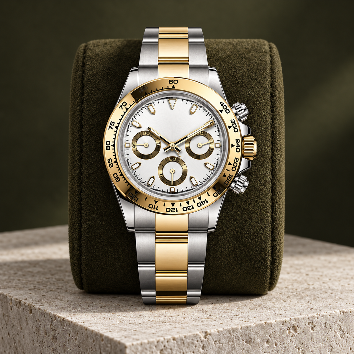 Speedline Imperial Gold Two-Tone chronograph upright on olive suede over limestone