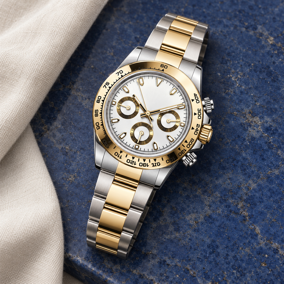 Speedline Imperial Gold Two-Tone chronograph laid on lapis ceramic with ivory linen