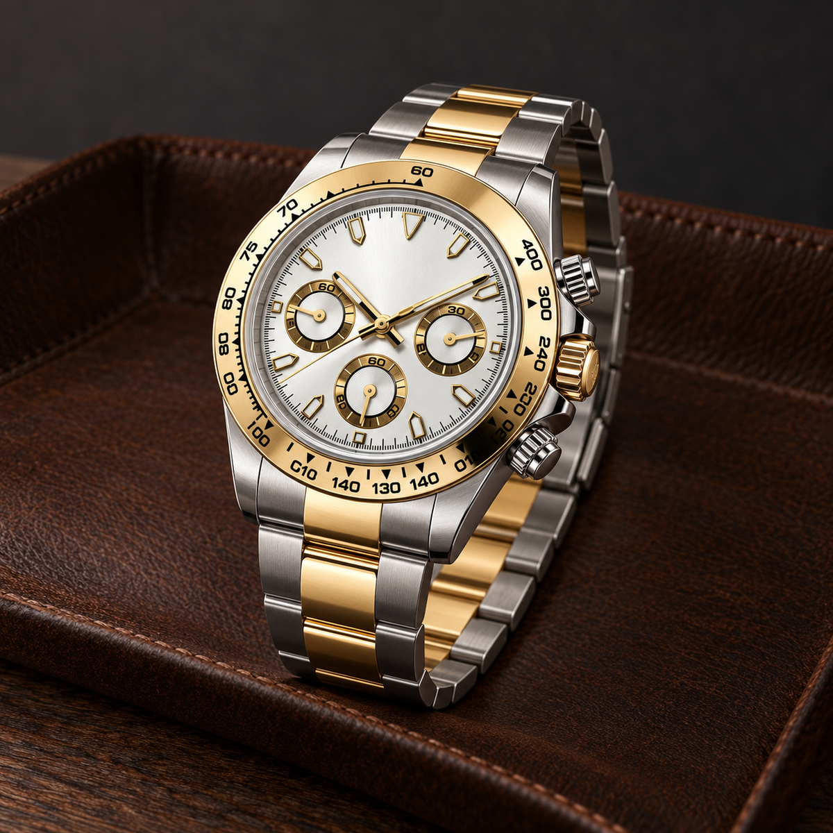 Side angle of Speedline Imperial Gold Two-Tone chronograph showing crown and pushers on cognac leather