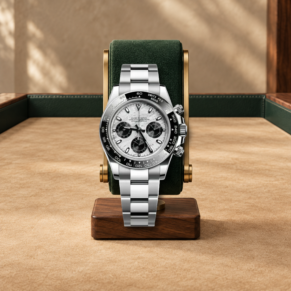 Meteorite VK63 chronograph on forest-green cushion and walnut stand, parchment suede setting